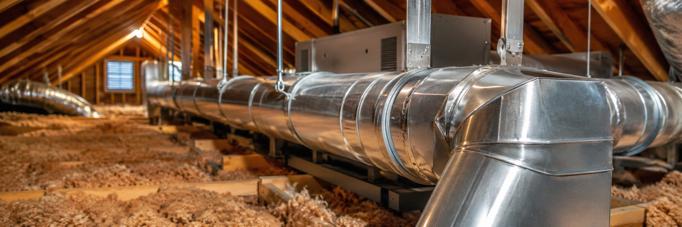 Sheet metal HVAC ductwork and vents in a clean residential attic